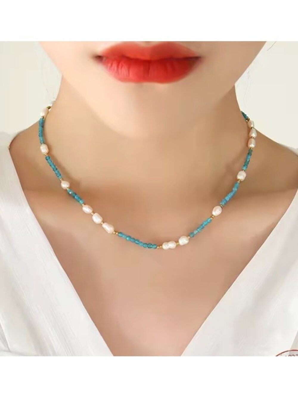 Blue Stone + Pearl Necklace Gold Waterproof Beach Summer Vacation Choker